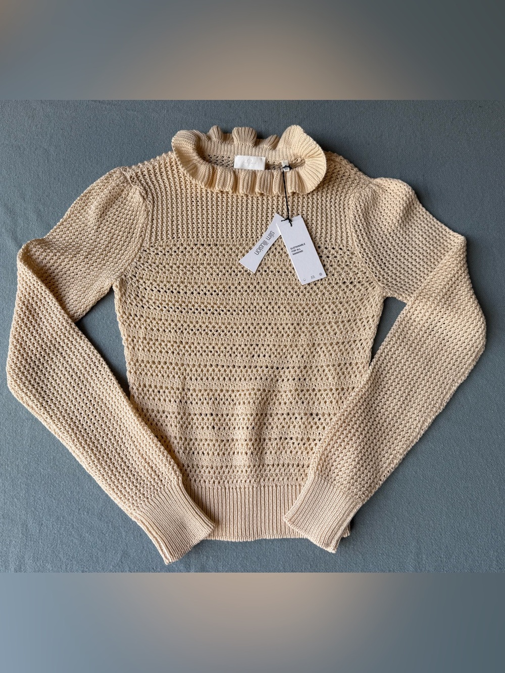 7 For All Mankind Cream Open-Stitch Ruffle Turtleneck Sweater Medium